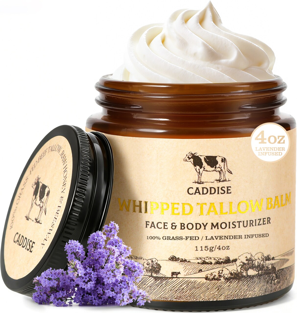 CADDISE Whipped Beef Tallow for Skin – 100% Grass-Fed Handmade Cream Moisturizer for Face & Body, Natural with Honey, Shea Butter, Jojoba Oil, Non-Greasy, Nourishing for Men, Women, Kids, 4 Oz